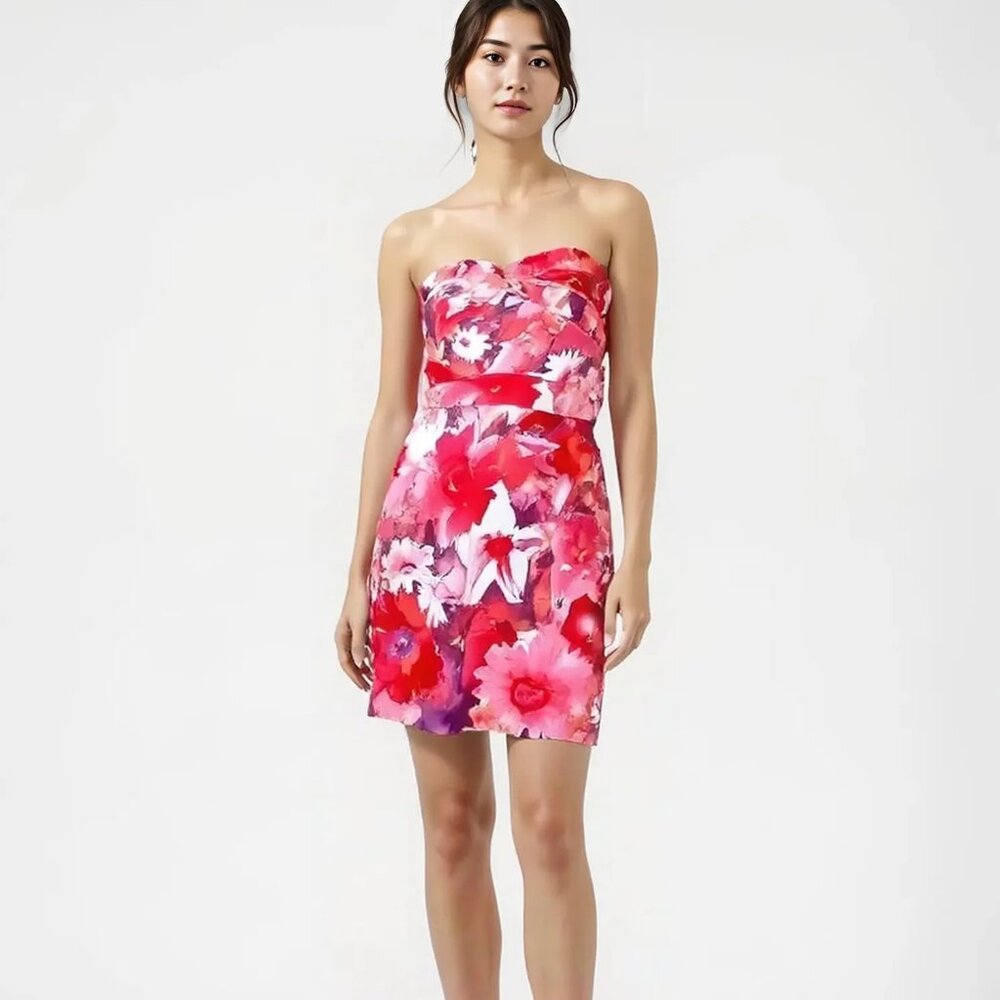 NWT Red Pink Purple Coral Sweetheart Tiered Hawaiian Floral Beach Sheath Dress M
